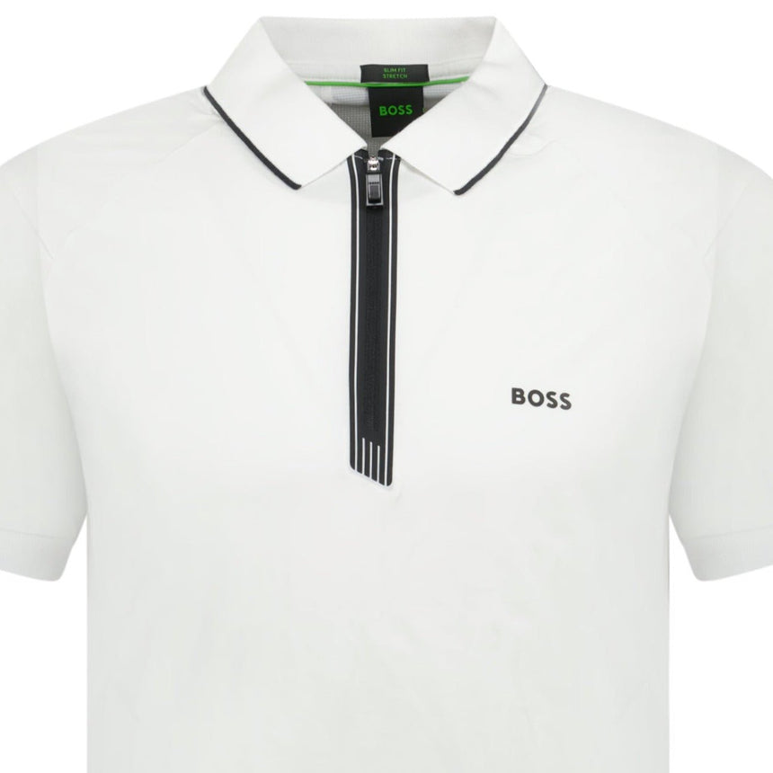 BOSS Stretch Slim - Fit Polo Shirt Zip Placket White - Boinclo ltd - Outlet Sale Under Retail