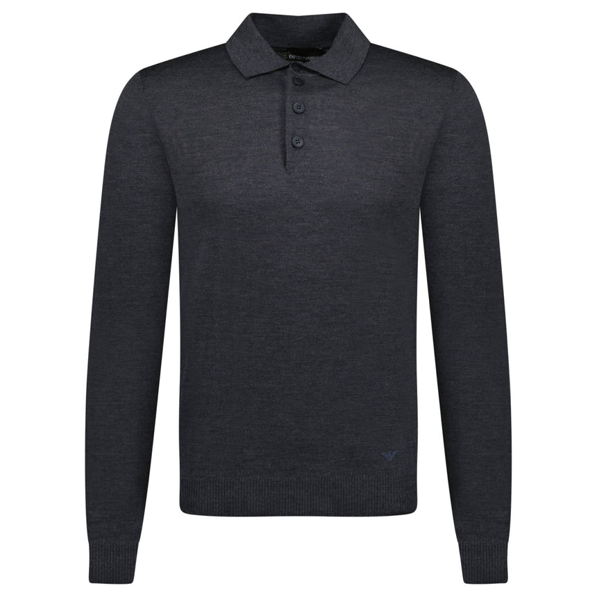 Emporio Armani Eagle Logo Virgin Wool Long Sleeve Polo - Shirt Black - Boinclo - Outlet Sale Under Retail