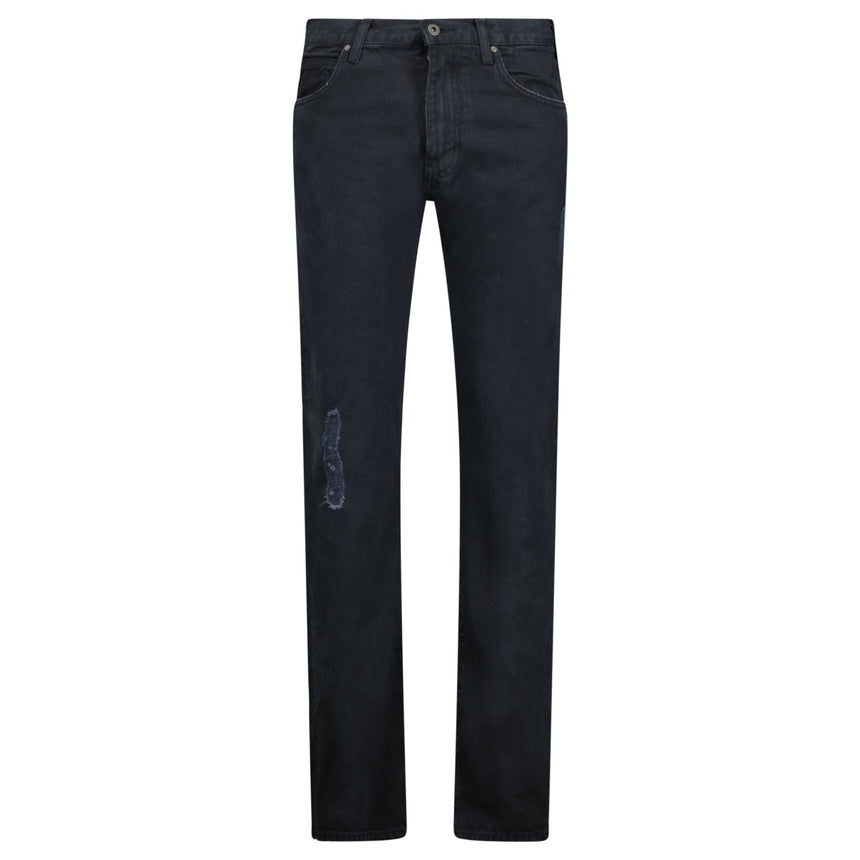 Emporio Armani J45 Slim Fit 5 Pocket Silver Logo Distressed Patch Jeans Black - Boinclo - Outlet Sale Under Retail