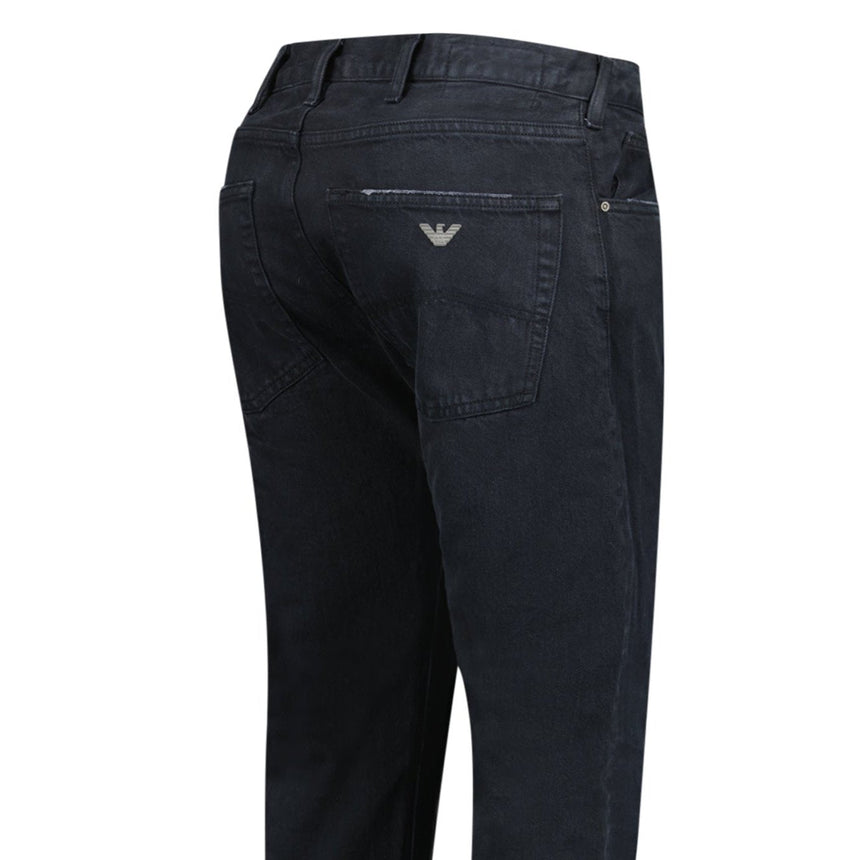 Emporio Armani J45 Slim Fit 5 Pocket Silver Logo Distressed Patch Jeans Black - Boinclo - Outlet Sale Under Retail