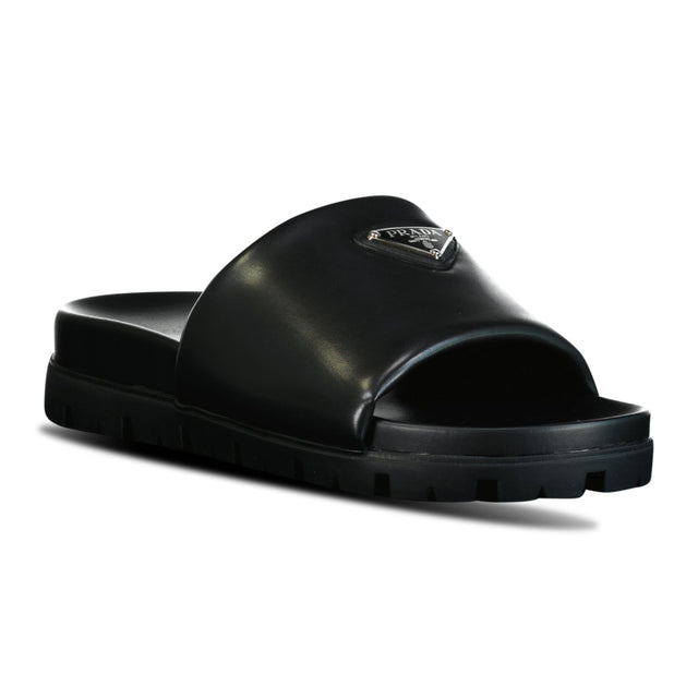 PRADA TRIANGLE LOGO CHUNKY NAPPA LEATHER SLIDES BLACK - Boinclo ltd - Outlet Sale Under Retail