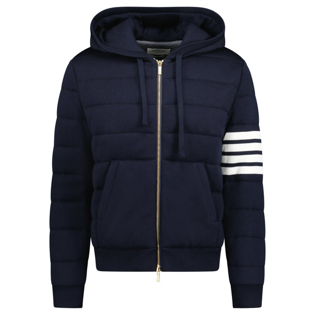 Thom Browne Merino Wool Jersey Stitch Padded 4 - Bar Zip - Up Hoodie in Navy - Boinclo - Outlet Sale Under Retail